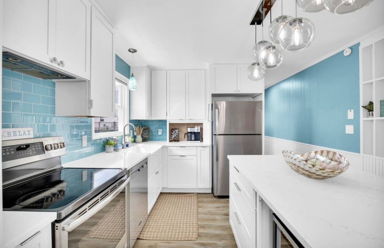 blue and white modern kitchen in short term rental, Out of the blue