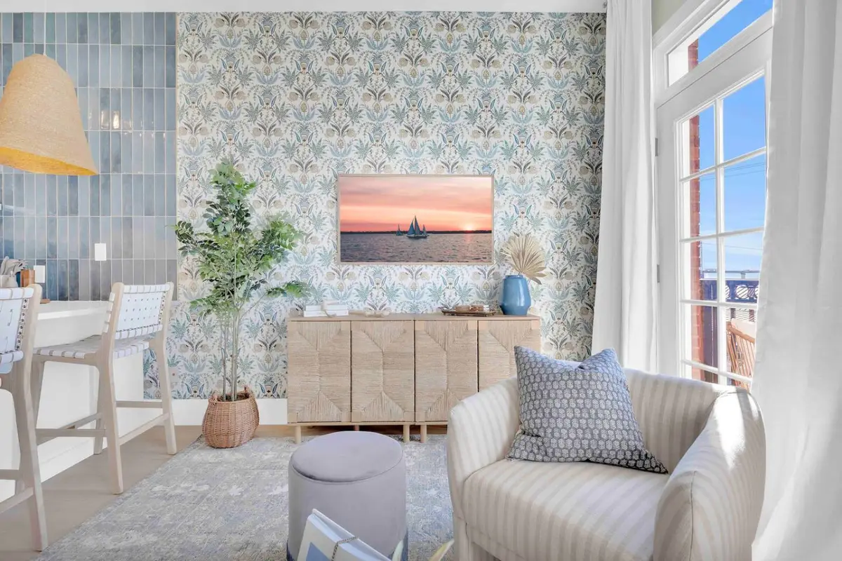 Modern and coastal design living room in Wilmington condo